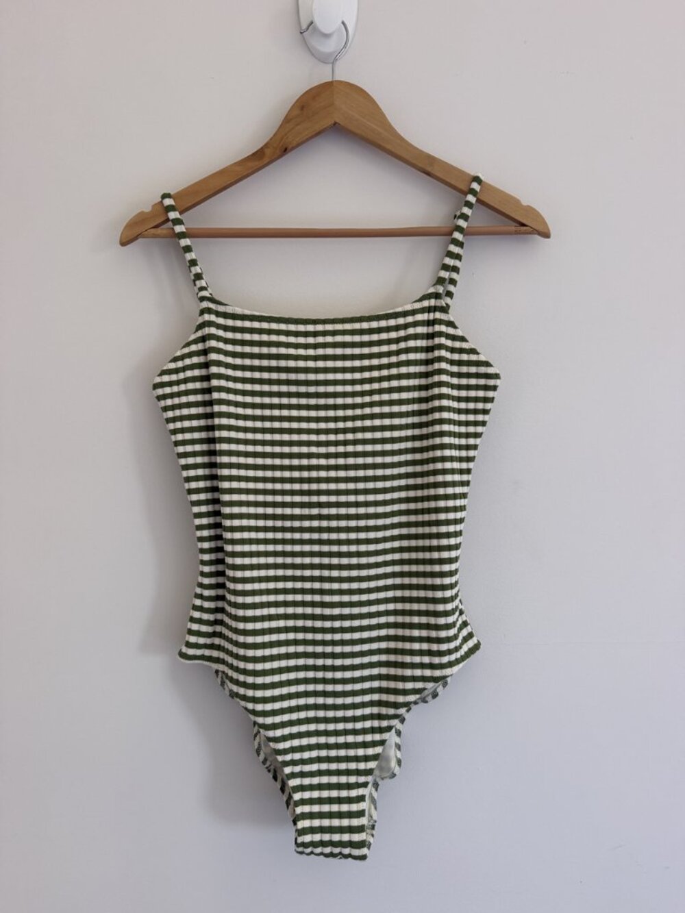 Solid & Striped One Piece Swimsuit Green White Stripe Ribbed Low Back Size L